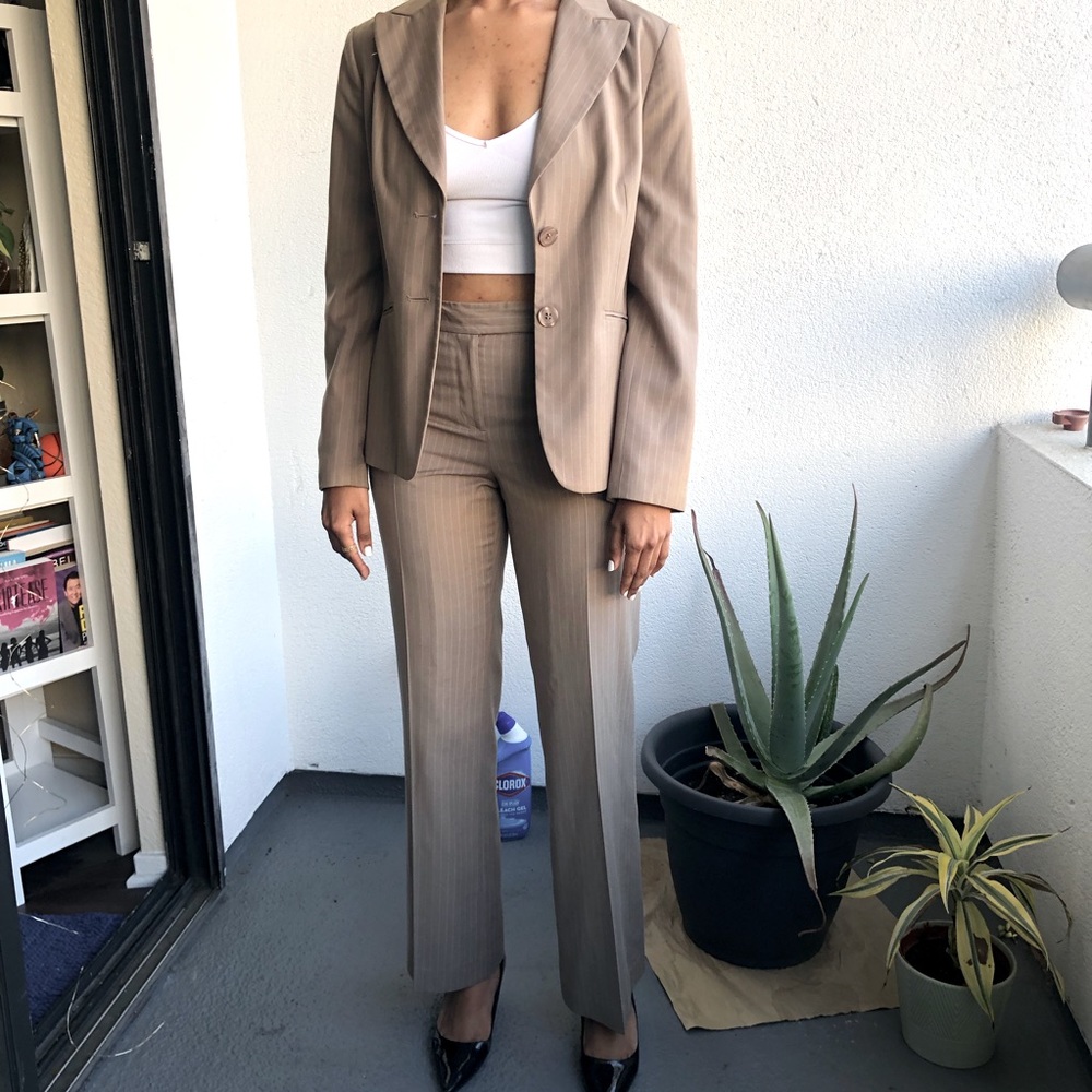 Two piece taupe petite pant suit
